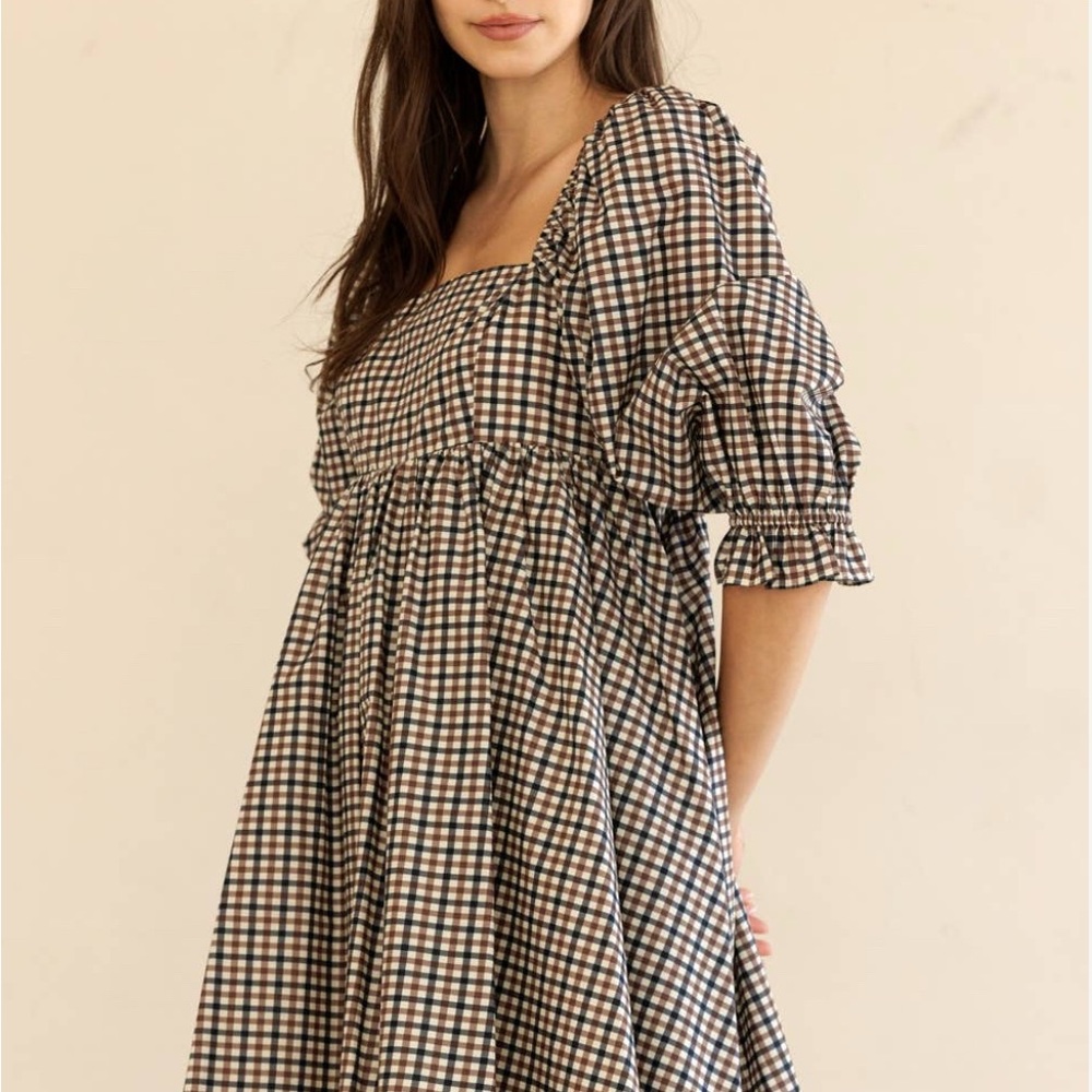 Gingham Checkered Pattern Puff Sleeve Mini Dress - image 5